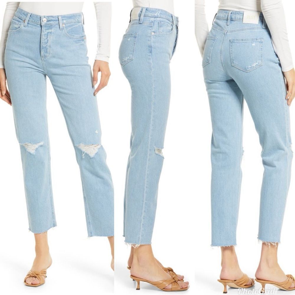 Revolve Paige SARAH STRAIGHT ANKLE High Rise Straight Leg Jeans Crash Destructed - Picture 2 of 8